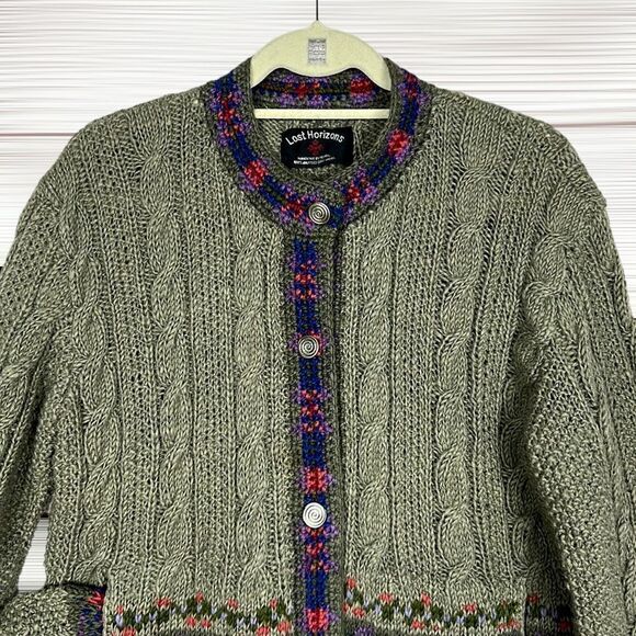 Lost Horizons Nepal Olive Green Wool Nordic Hand Knitted Cardigan Sweater L - Picture 3 of 12